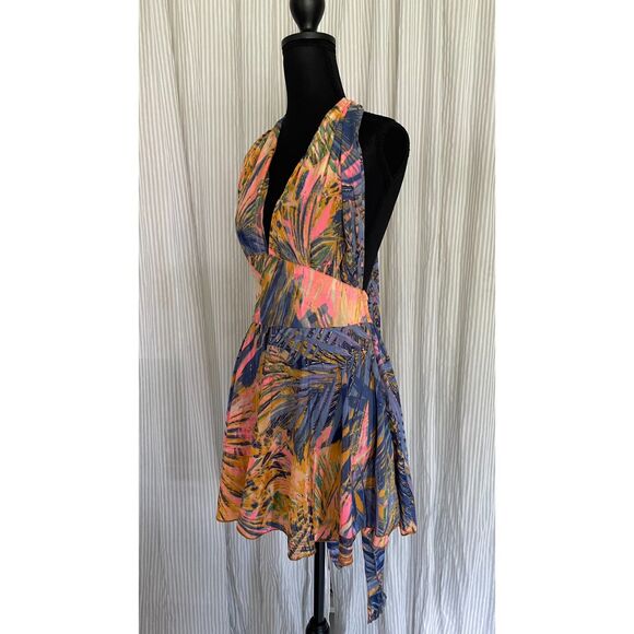 Women Multicolor Silk Halter Dress Sz Small Mini Resort Wear Summer Flirty Boho - Picture 3 of 8